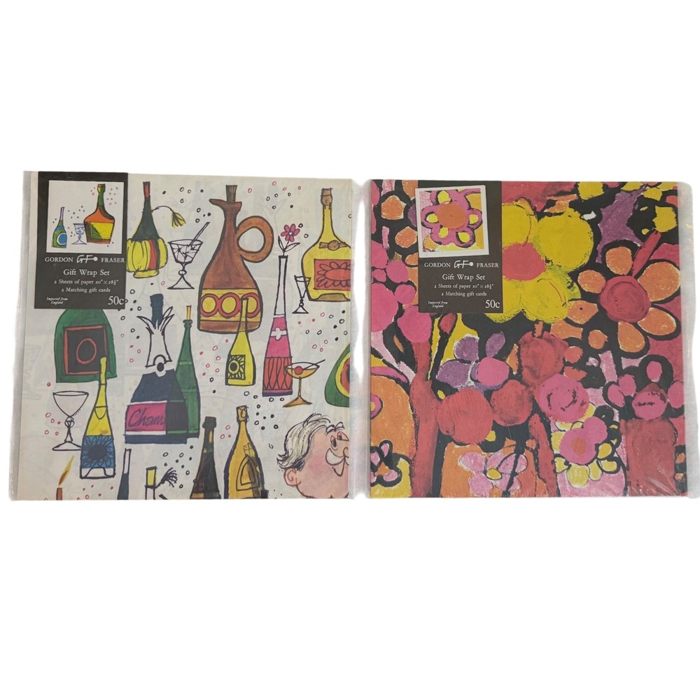 Gordon Fraser Gift Wrap Set Vintage England Multicolor MCM Floral Cocktail 2pk